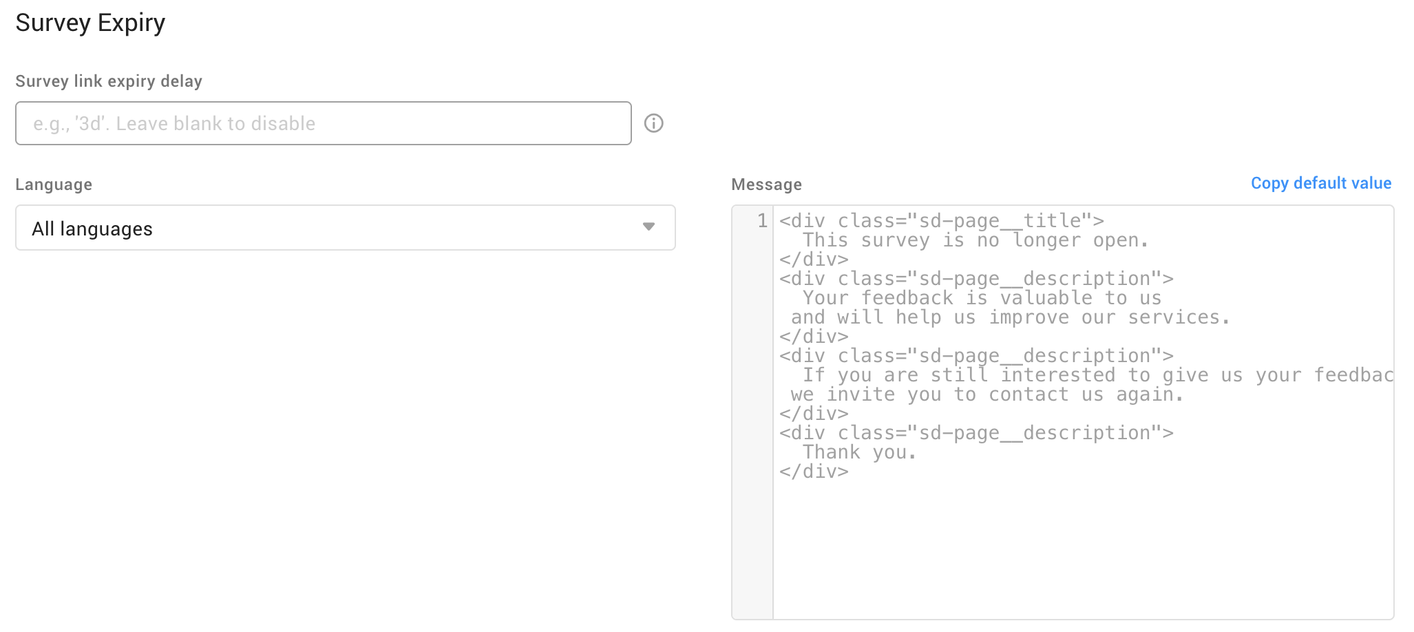 Default text for survey expiry in Engage Surveys