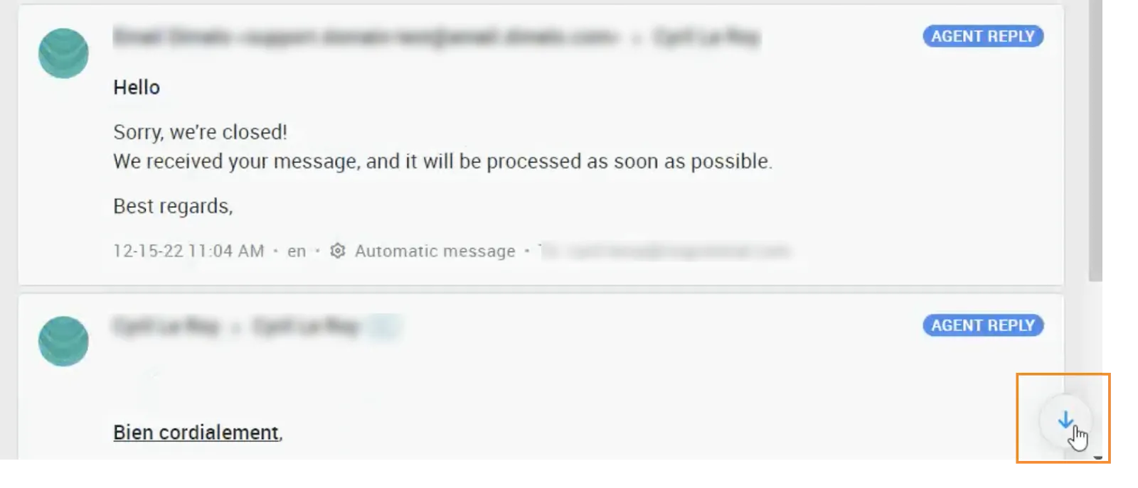 Agent: Added an arrow to scroll down to the bottom of a thread