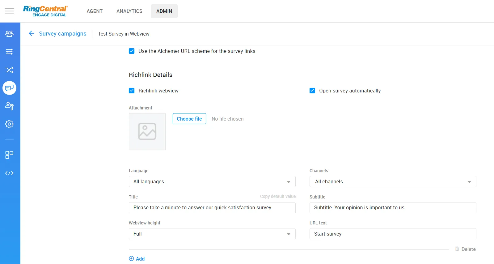Admin: Added support for sending the survey in a webview for Engage Messaging