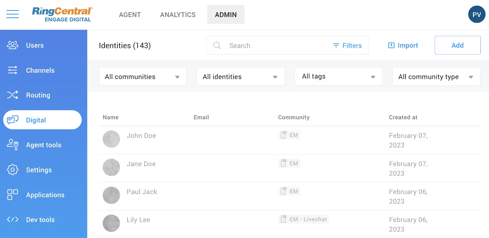 Identity management: Added new filters on the identity page