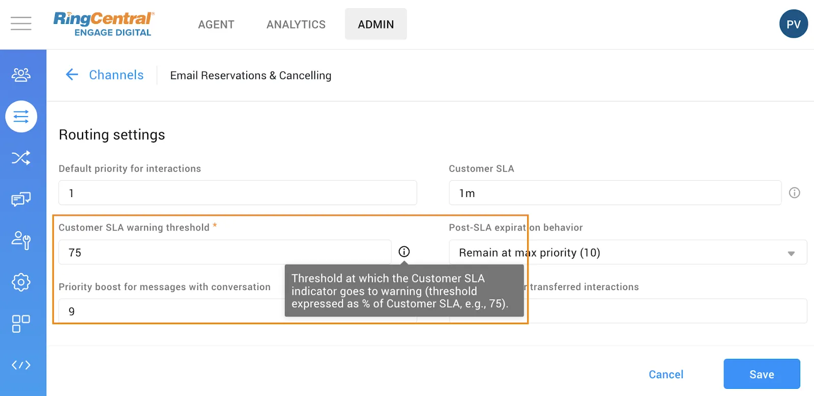 Admin: Added threshold setting for SLA Indicators in channels and channel groups