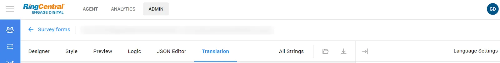Translation tab is now set to "All strings" by default in Engage Surveys forms