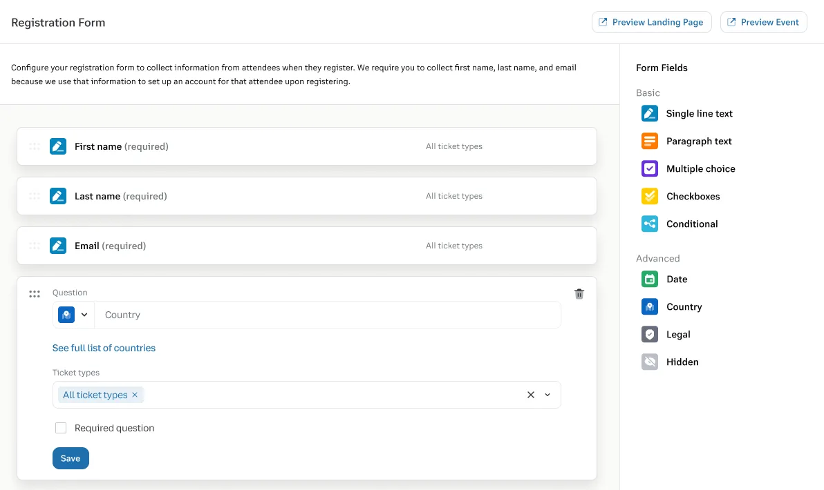 Country field and updated form fields