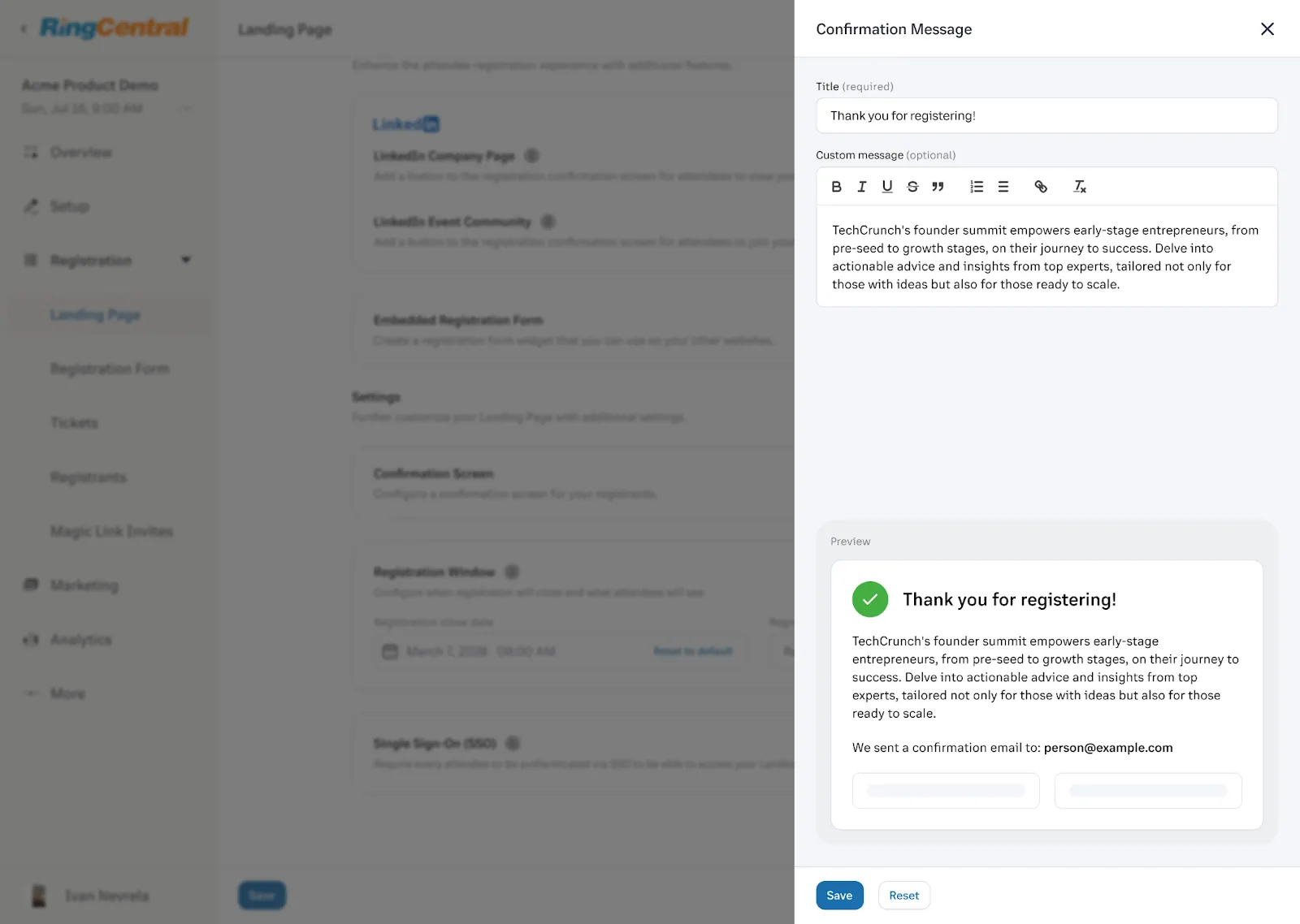 Registration confirmation message customization